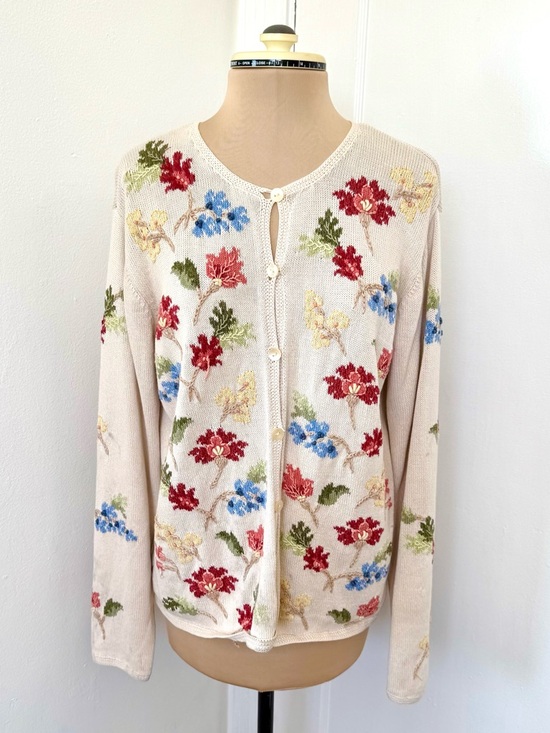 Vintage Sweaters - VTG 80s 90s Cottagecore Coquette Floral Embroidered Cardigan size M